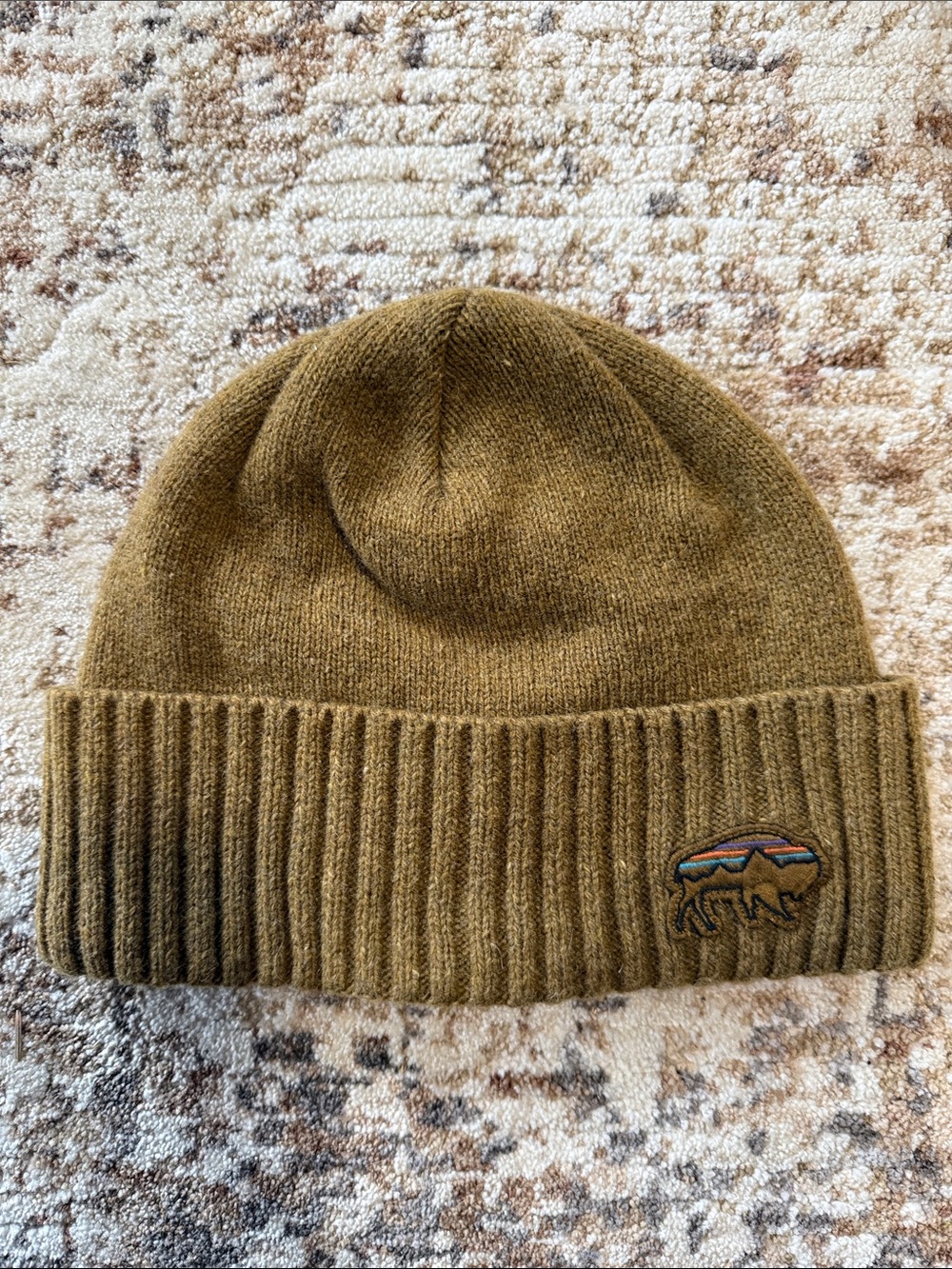 Patagonia Olive Knit Beanie with Embroidered Bear Patch